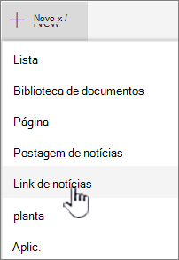 Selecione Link de notícias no menu + Novo