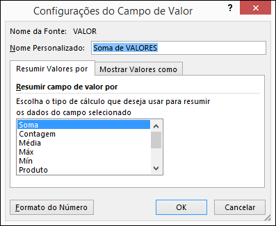 Diálogo de Configurações do Campo de Valor do Excel para opções de Resumir Valores por