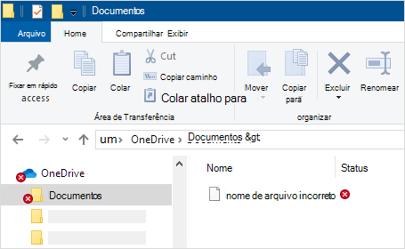 Explorador de Arquivos mostrando erro de sincronização do OneDrive