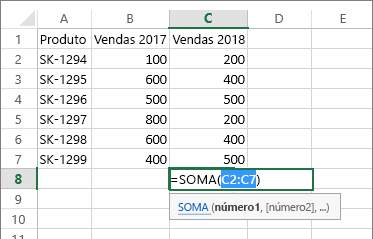 Intervalo de células detectado automaticamente com o botão AutoSoma