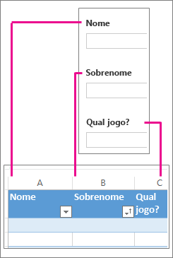 As perguntas da pesquisa correspondem às colunas da planilha