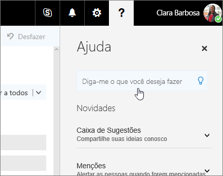 Captura de tela do painel Ajuda no Outlook na Web, mostrando a caixa Diga-me.