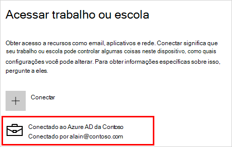 Acessar tela de trabalho ou escola com conta contoso conectada