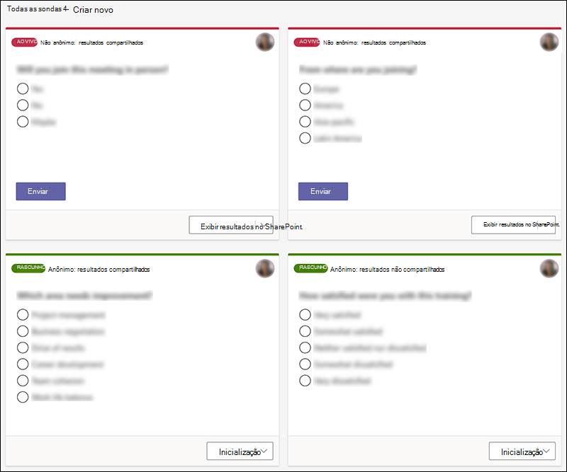 Microsoft Forms pesquisas criadas no Teams em vários estados, como uma live e um rascunho