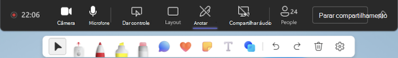 Menu suspenso da ferramenta Anotar em reuniões do Teams.