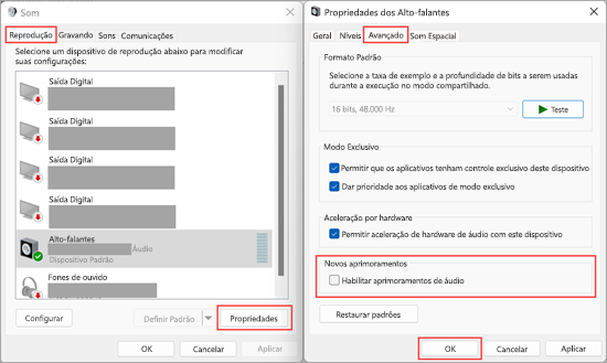 Desabilite os aprimoramentos de áudio nas configurações de som do Windows 11.