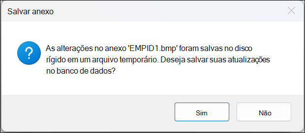 Salve a caixa de mensagem de confirmação de anexo com botões Sim e Não.