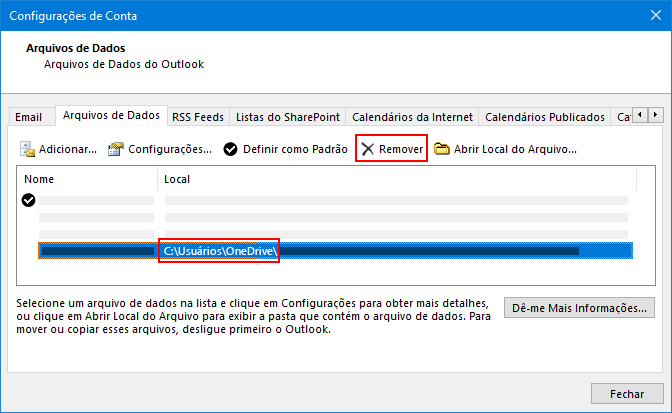 Caixa de diálogo arquivos de dados do Outlook