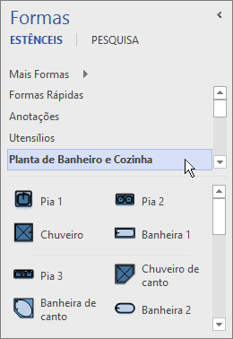 O Visio exibe formas do estêncil selecionado, da Planta de Banheiro e Cozinha