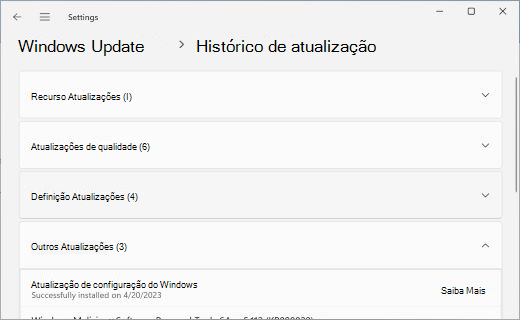 Mostra a página Histórico de Atualizações, com a seção Outros Atualizações expandida.
