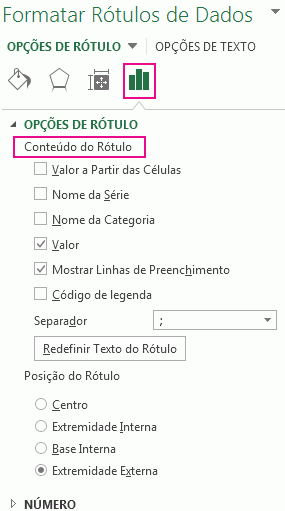 Parte das opções de rótulo do painel Formatar Rótulo de dados