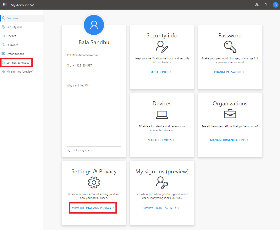 Página Minha Conta, mostrando o link Configurações e Privacidade realçadas