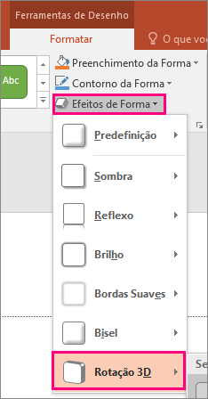 Mostra a opção de rotação 3D no menu Efeitos de Forma do PowerPoint 2016.