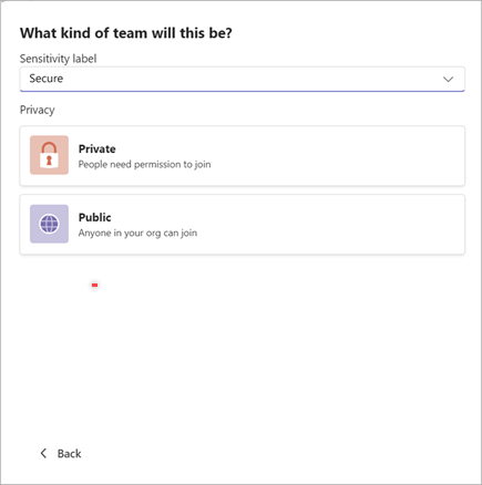 Captura de ecrã de uma janela para criar uma nova equipa no Microsoft Teams com opções para definir a confidencialidade como "Segura" e privacidade como "Privado" ou "Público".