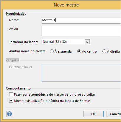 Na caixa de diálogo Novo Mestre, digite um nome e defina outros parâmetros.