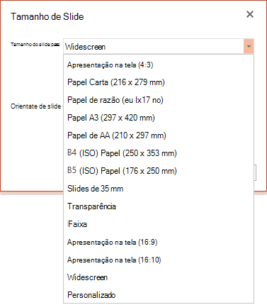 Opções de tamanho de slide no PowerPoint Online