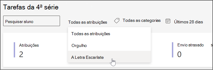 captura de tela dos filtros disponíveis na visualização Tarefas e Notas do Insights. você pode pesquisar por aluno, por atribuição por marca ou por data.