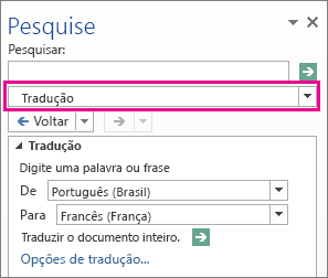 A opção Tradução no painel Pesquisa