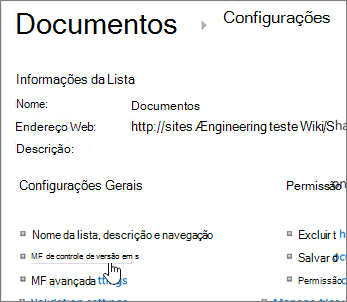 Caixa de diálogo Configurações da biblioteca com Versioning selecionado.