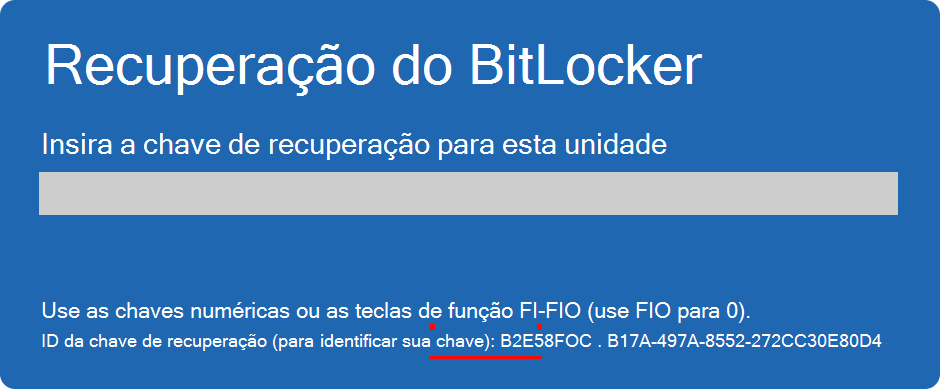 Captura de tela da tela de recuperação do BitLocker destacando a ID da chave.