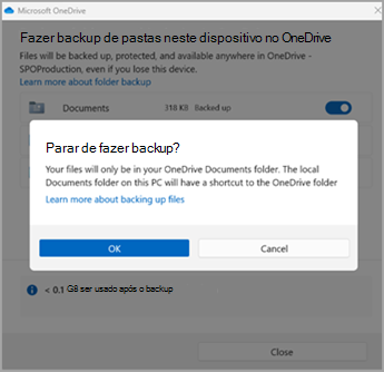 Cópia de segurança da pasta de cópias de segurança – OneDrive – parar cópia de segurança