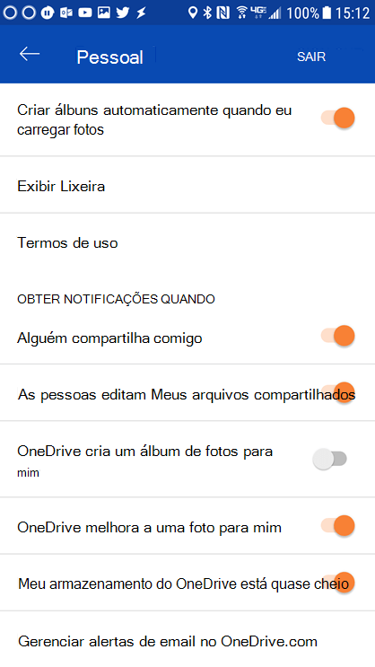 Vá para as configurações do seu OneDrive para Android para definir as configurações de notificação.