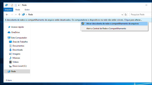 Ativando a descoberta de rede no Explorador de Arquivos