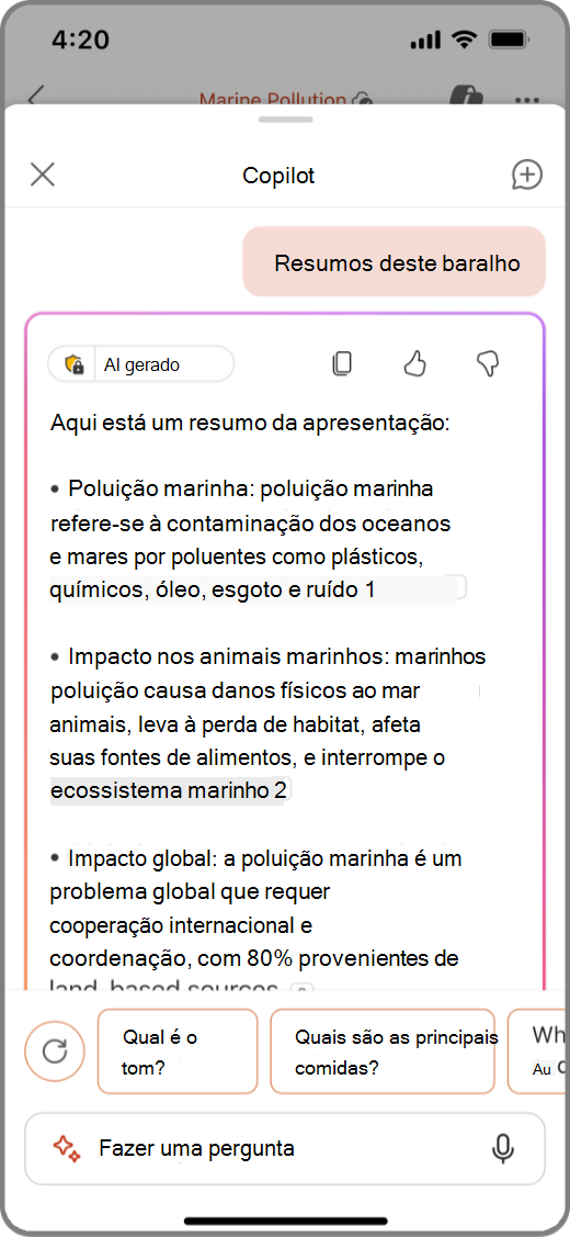 Captura de tela do Copilot no PowerPoint em um dispositivo iOS com resultados de Resumir este Conjunto de Slides