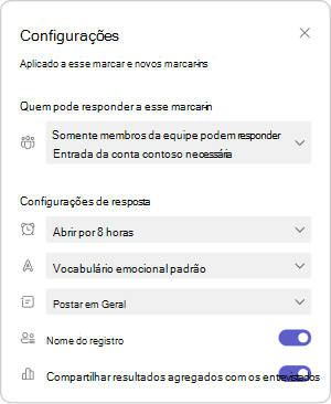 Painel de configurações no Reflect for Teams