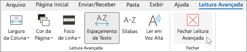 Ferramenta de leitor imersivo no Outlook com o cursor passando sobre "fechar"