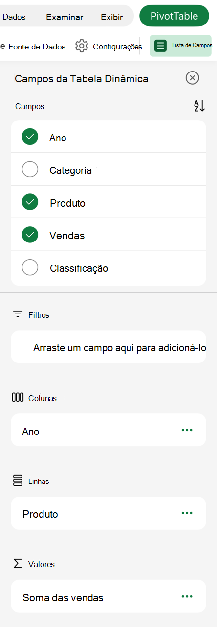 Tabela Dinâmica na lista de Campos do iPad