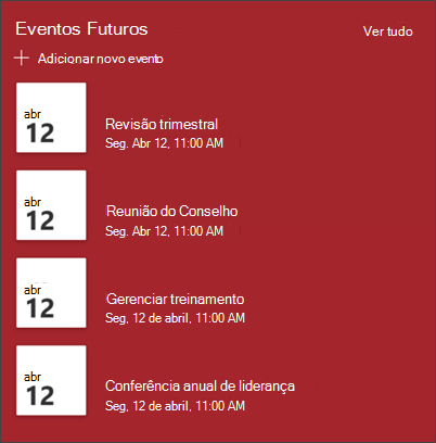 Captura de tela da Web Part de eventos