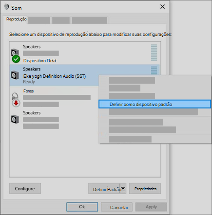 defina seu dispositivo de áudio como o dispositivo padrão