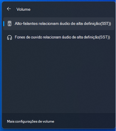 O seletor de saída de áudio na bandeja do sistema Windows 11.