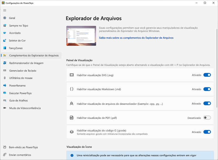 Janela exibindo as configurações em Power Toys.