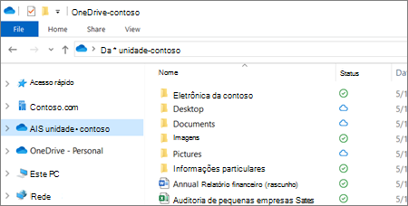 Captura de tela dos arquivos do OneDrive for Business no Explorador de Arquivos