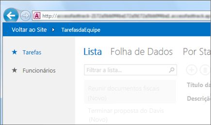 Um aplicativo do Access mostrando as tabelas abaixo do lado esquerdo e o Seletor de Modos de Exibição na parte superior.