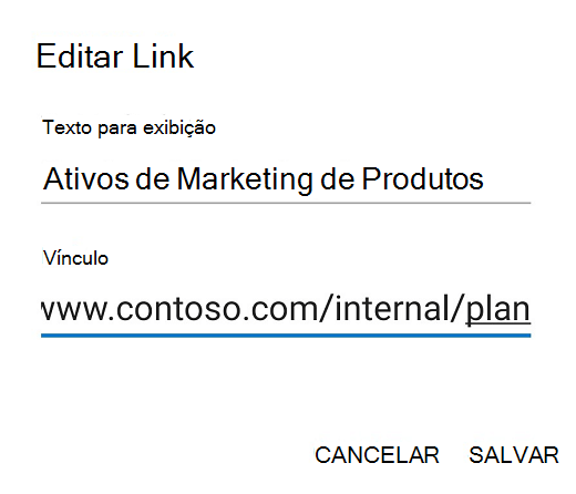 Caixa de diálogo link de edição do Outlook para Android.