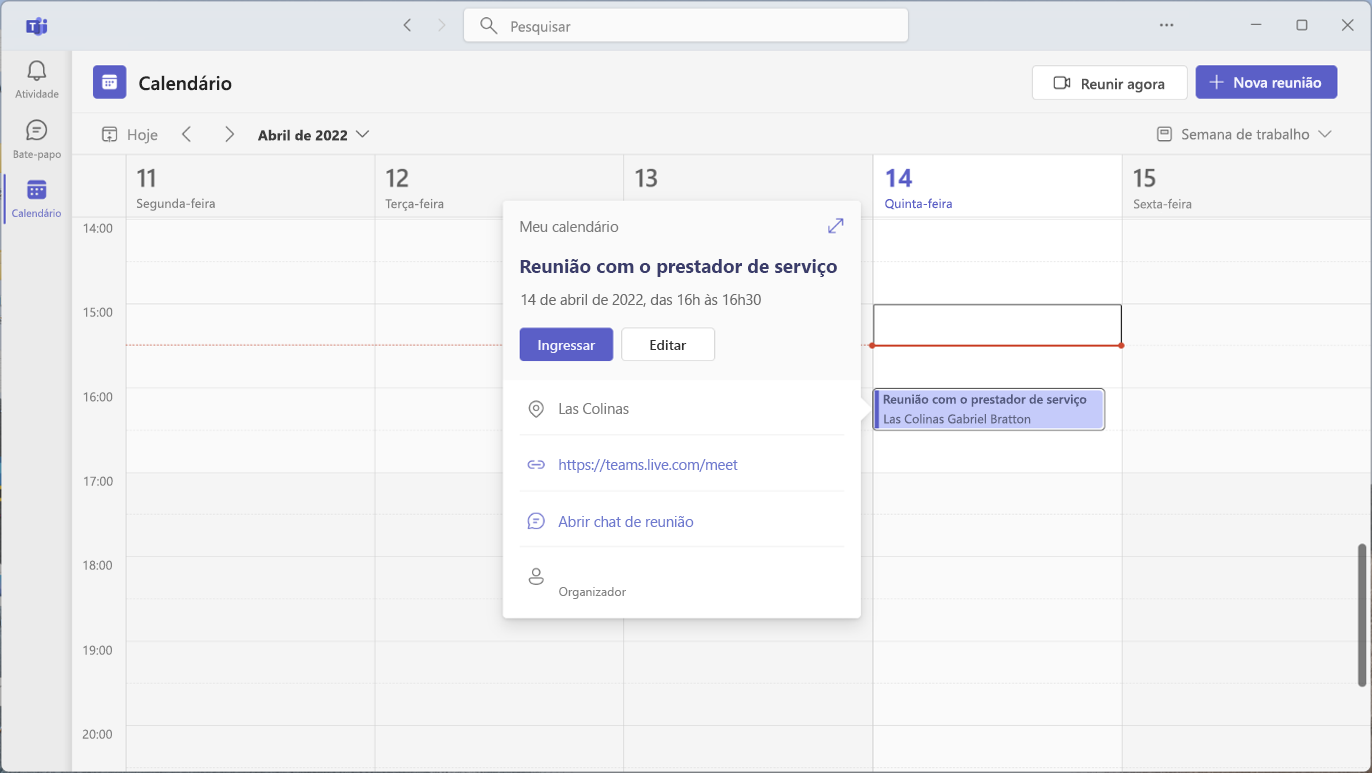 Calendário do Outlook exibindo a janela da reunião do calendário.