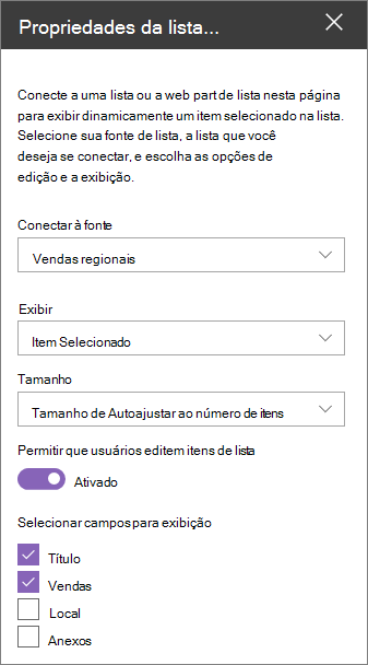 Painel de Web Part propriedades da lista