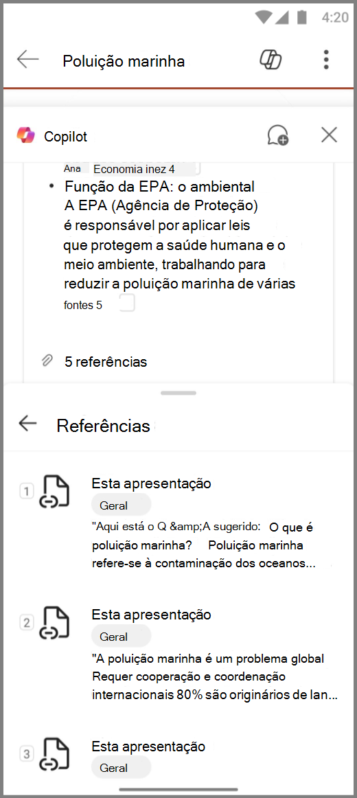 Captura de tela do Copilot no PowerPoint em um dispositivo Android com referências para a resposta Resumir este conjunto de slides