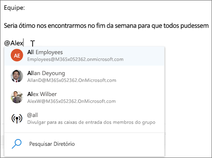 @mentions no Outlook na Web