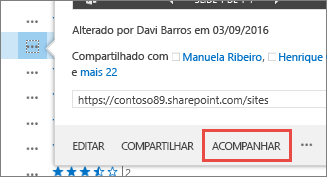 Selecione o comando Seguir no menu de cartão de foco no OneDrive for Business