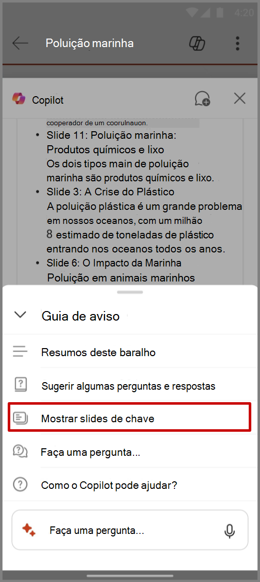 Captura de tela do Copilot no PowerPoint em um dispositivo Android com a solicitação Mostrar Slides Principais