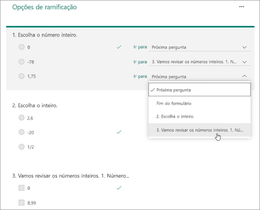 Selecione uma pergunta à qual deseja ramificar.