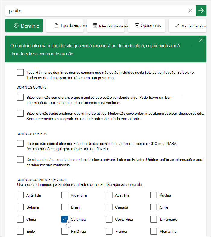 Captura de tela da lista de domínios País e Regional depois de clicar em mais