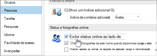 Separador Pessoas na caixa de diálogo Opções com a opção Apresentar estado online realçada