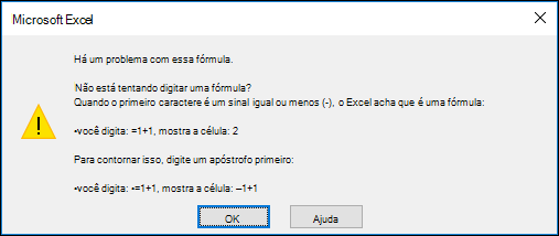 Imagem da caixa de diálogo "Problema com esta fórmula" do Excel