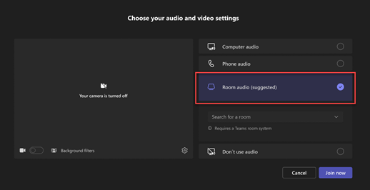 Tela de pré-sessão do Teams com a opção Áudio de sala (sugerido).