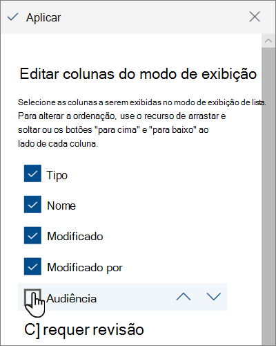 O painel Editar colunas de exibição no SharePoint Online moderno